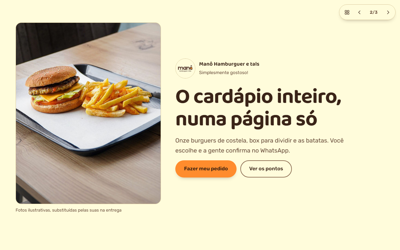 Primeira tela da proposta 2, Cardápio na mão